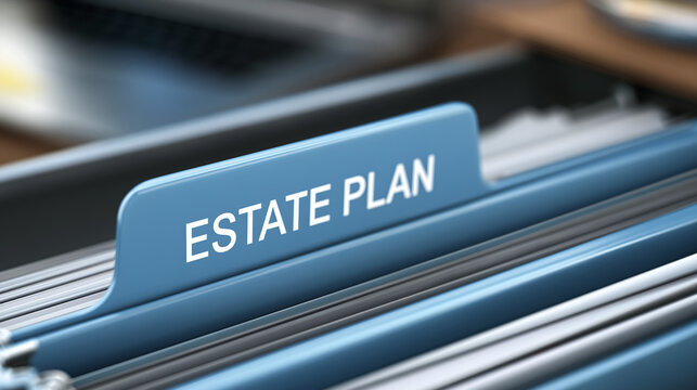 Close up of blue file folder tab labeled estate plan in office filing cabinet.