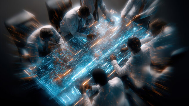 Team of business professionals collaborating around glowing digital circuit board interface. Modern technology, innovation, and teamwork concept with blue and orange data visualization.