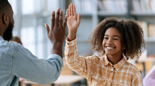 Faceless teacher giving a high-five to a smiling girl student in a classroom, celebration of academic achievement, defocused classroom interior in background, education mentorship