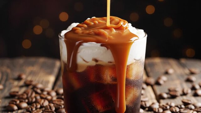 Caramel drizzled on whipped cream over iced coffee on a wooden table