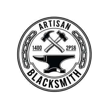 Vintage artisan blacksmith emblem with crossed hammers and anvil.