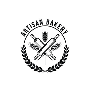 Artisan bakery logo design with crossed rolling pins and wheat.