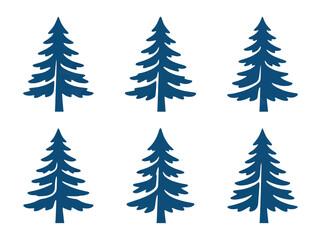 Fototapeta premium Six Blue Christmas Tree Silhouettes Isolated on White Background