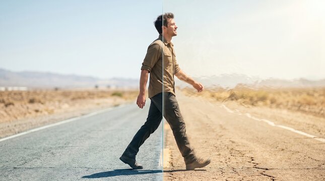 Dual reality concept, a man walking through a split scene representing two different environments: a vibrant desert road and a dry, cracked landscape.