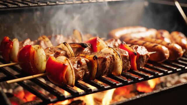 Fresh meat and vegetable skewers cooking on a hot outdoor grill