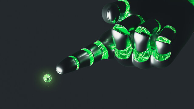 Robotic hand demonstrates energy concept with glowing sphere