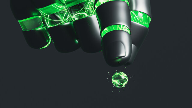 Robotic hand demonstrates energy concept with glowing sphere