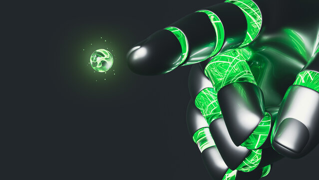 Robotic hand demonstrates energy concept with glowing sphere