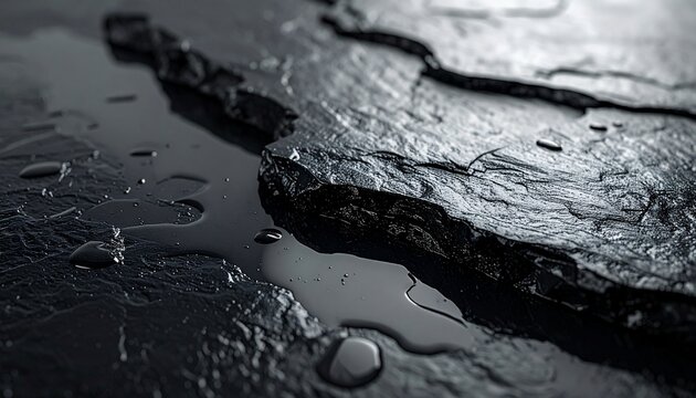 Wet Black Slate Stone with Water Drops, Dark Natural Rock Background Texture