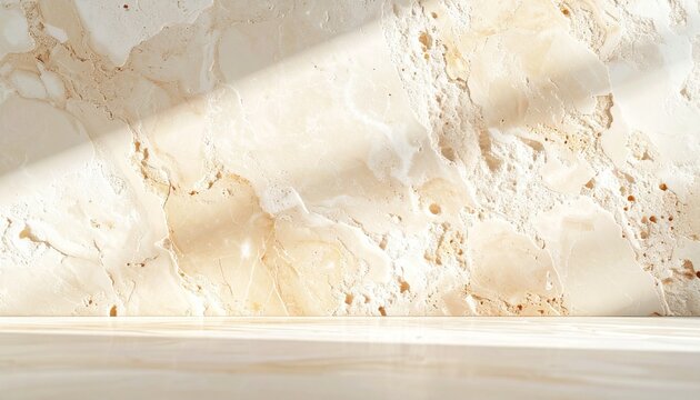 Luxury Beige Marble Wall with Wooden Shelf, Elegant Stone Interior Background