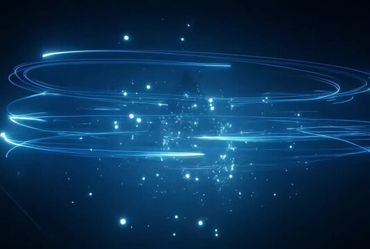 Futuristic blue light trails in circular motion, glowing energy particles on dark background, abstract digital data flow and high-tech motion graphics