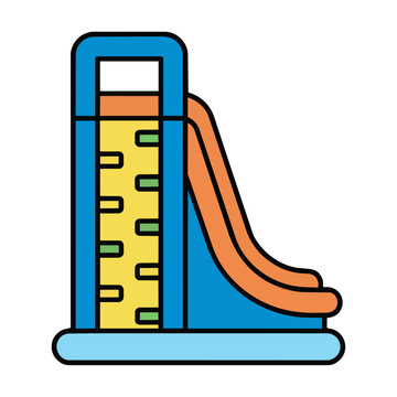 Minimalist icon of an inflatable slide with a climbing lane and curved chute on a white background, recreational play and entertainment concept