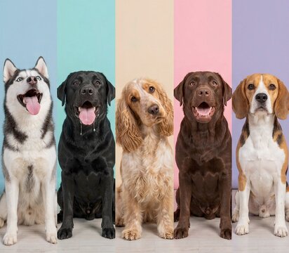 Five dogs of different breeds sit in a row smiling with tongues out in a studio portrait
