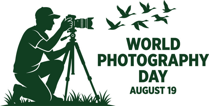 World photography day celebration photographer with camera and flying birds illustration