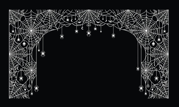 Spiderweb Design with Spiders and Halloween Elements on Black Background Featuring Pattern, Intricate, Web with Decorative