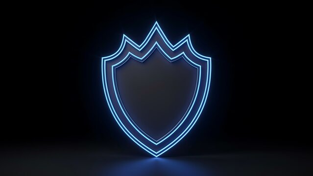 Blue neon shield emblem glowing on black background, representing security, protection, safety, and defense in a modern digital age.