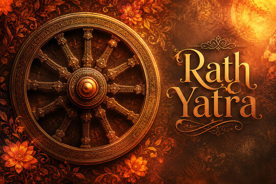 Golden decorative wooden wheel on an orange floral background for the hindu festival of jagannath rath yatra celebrating the grand rath yatra tradition