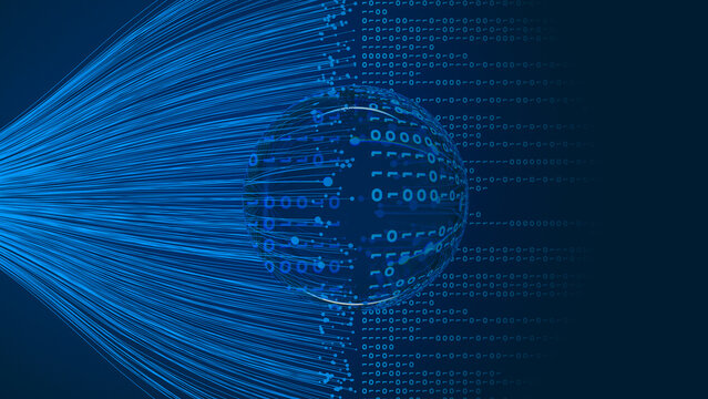 Digital data sphere with flowing binary background in blue color