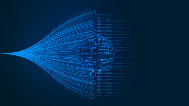 Digital data sphere with flowing binary background in blue color