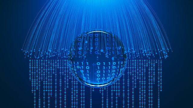 Digital data sphere with flowing binary background in blue color