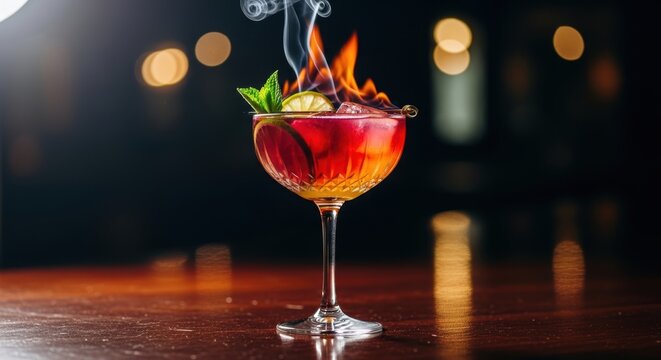 Exquisite cocktail in elegant crystal glass with lime wedge mint and dancing flames.