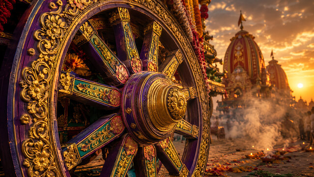 Stunning purple gold wooden chariot wheel surrounded by sacred festive smoke during a beautiful sunset at the jagannath rath yatra and rath yatra