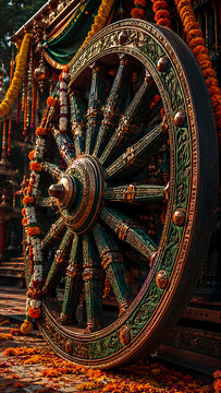 Huge green intricately carved wooden wheel decorated with beautiful fresh flower garlands for the famous religious jagannath rath yatra festival and rath yatra
