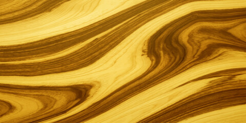 Close-up of a rich, wavy wood grain pattern, showcasing the natural beauty and texture of timber with striking dark and light brown stripes. © RD Visuals