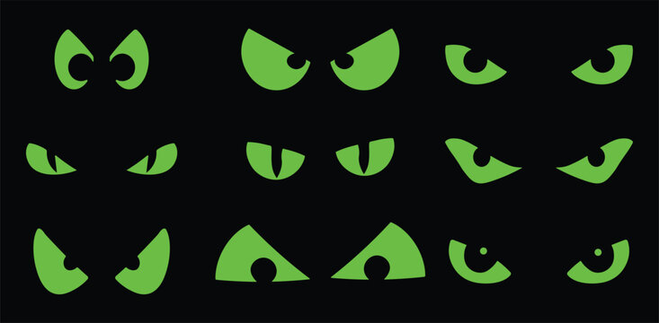 Spooky Glowing Green Monster and Alien Eyes in the Dark Vector Set