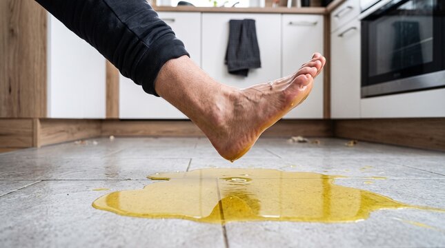 Bare foot about to step into yellow liquid puddle on kitchen floor.