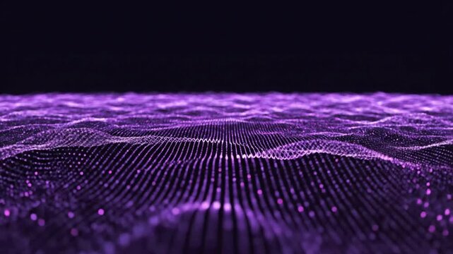 Abstract purple digital wave surface with glowing particles on dark background