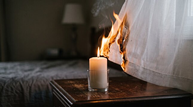 Lit candle setting fire to white curtain in bedroom interior.