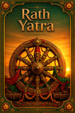 Beautiful chariot wheel draped with colorful fabrics under a sunset archway representing the grand hindu jagannath rath yatra and rath yatra festival tradition