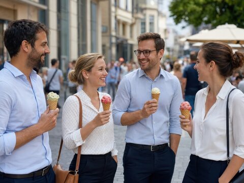 Kollegen mit Eiswaffeln in der Fu&szlig;g&auml;ngerzone &ndash; Vier Berufst&auml;tige treffen sich in der sommerlichen Innenstadt, lachen miteinander und genie&szlig;en verschiedene Eissorten w&auml;hrend ihrer Pause.