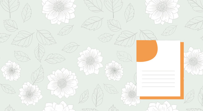 Mockup paper note card with lines on a beautiful soft green background decorated with white floral outlines.
