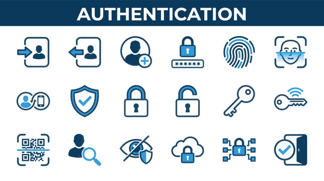Authentication security user access icons collection with login password fingerprint face recognition shield cloud protection and identity verification symbols