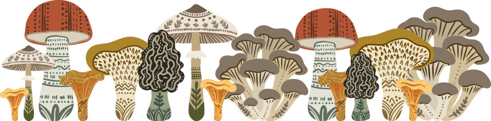 hand drawn forest mushroom border on white background vector variety fungus banner natural autumn boho style © pani_Nadichka