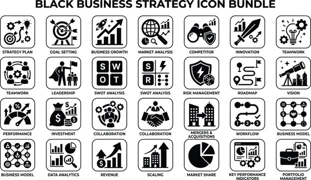  black business strategy icon bundle featuring essential corporate concepts like swot analysis, leadership, market growth, and investment planning for modern business management development.