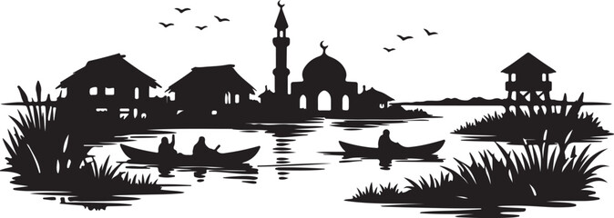 Village Mosque Riverside Fishing Scene  © Bilkis