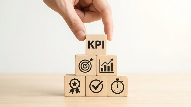 Business executive hand stacking wooden blocks with kpi text and icons for performance metrics and strategic growth planning in a professional office environment