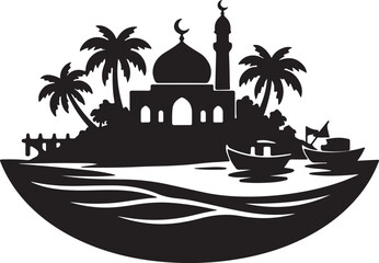 Obraz premium Tropical Island Mosque Waterfront Scene 
