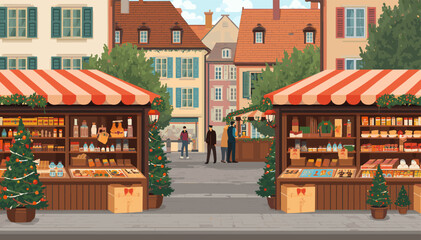 A vibrant European town square hosts a festive market with two decorated stalls offering various goods, surrounded by traditional buildings and people. © evans