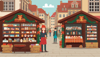 A vibrant illustration of a festive European Christmas market with decorated wooden stalls and people browsing in a charming town square. © evans