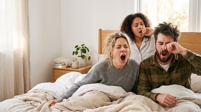 Three tired adults sitting in bed together, all yawning simultaneously after waking up in a bright bedroom.
