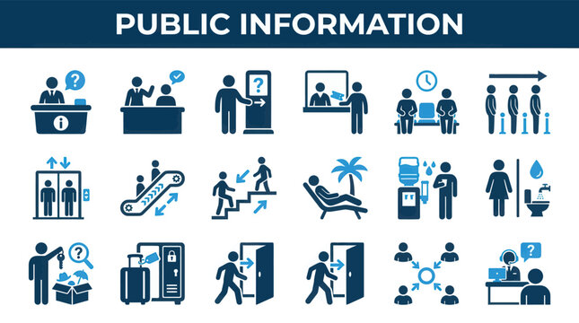 Public information service pictogram icon collection with reception travel guidance facility navigation and visitor assistance symbols