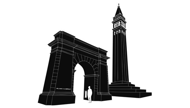Very beautiful black and white realistic vector illustration of the UC Berkeley entrance featuring an engraved sign reading "WELCOME TO UC BERKELEY", Sather Gate and Campanile, isolated on white backg