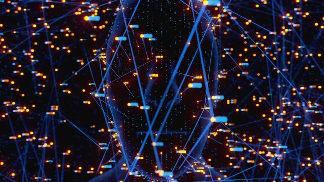Futuristic digital human silhouette integrated with complex neural network. Abstract data visualization, HUD interface infographics and telemetry metrics analyzing human mind and artificial intelligen