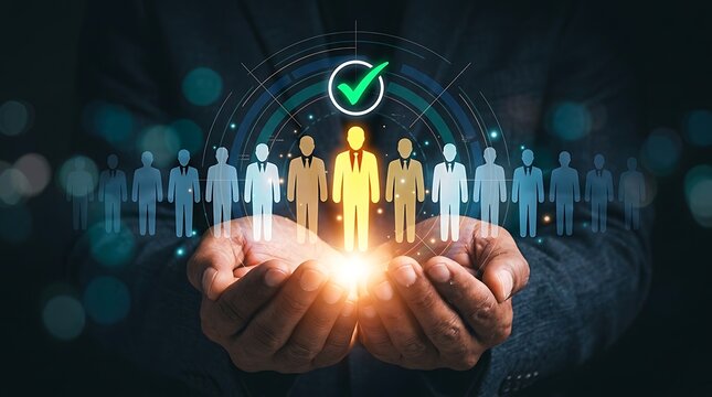Human resource manager holding holographic interface with selected candidate icon representing recruitment success and talent acquisition in corporate staffing