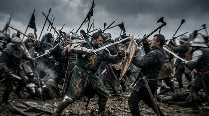 Fototapeta premium Medieval Battle Fury: Knights in full armor clash swords amidst a chaotic battlefield, banners flying and smoke rising, capturing the raw intensity of ancient warfare.