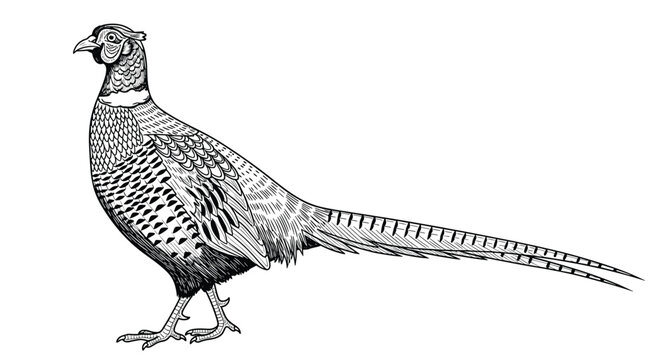 Highly detailed black and white engraving captures the intricate plumage and long tail of a pheasant standing in profile view.